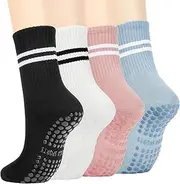 [ULAIDO] 4 Pairs Pilates Socks Women Yoga Socks with Grips for Women-Non-Slip Yoga Socks for Ballet Dance Barefoot Workout Pregnant Crew Socks Support floor Breathable Soft Sport Socks