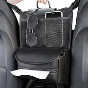Car Seat Organizer Nappa Leather Handbag Holder with Folding Seatback Table Tray, Auto Center Console Tidying Organisers for Bag,Phone,Keys,Drink,Tissue,Sunglass (Black)