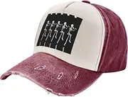 [pvinnk] Halloween Posable Skeleton Skull Print Distressed Baseball Cap Adjustable Hat with Classic Unisex Style for All Seasons, Dark Red, One Size