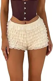 [JINZIYINZI] Women Y2k Lace Ruffle Layered Shorts Fairy Lolita Tiered Bloomer Shorts Cute Boy Shorts Mini Pettipants Teen Girls
