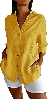 [Valtorixia] Women's Lightweight Button Down Shirt Cotton Button Up Tunics Long Sleeve Solid Blouse Tops