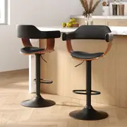 Set of 2 Archer Wooden Bar Stools with Gas Lift Wood & Black Leather