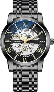BESTAKNG Automatic Watch for Men Two Tone Stainless Steel Band Hollow Rhinestone Machinery Men's Watch