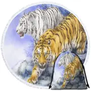 Wild Animal Art White and Orange Tigers Round Beach Towel