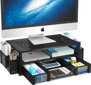 2-Tier Metal Monitor Stand, Riser & Desk Organizer w/ Drawer, Pen Holder, Black