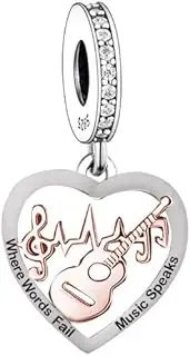[Mon & Sons] Where Words Fail Music Speak Musician Guitar I Love You Heart Charm Bead Pendant 925 Sterling Silver Dangle Compatible With Pandora Charm Bracelet, Metal