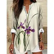 Women's Blouse Floral Graphic Elegant Vintage Daily Long Sleeve V Neck Regular Tops Daily Holiday Beach Wear Print White Pink Blue Dusty Blue Purple Summer Spr