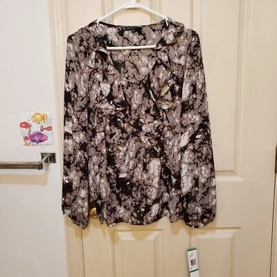 Anne Klein Pullover Long Sleeve Blouse Pullover Black Grey Womens Large NWT