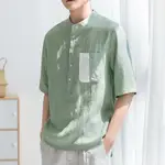 亞麻短袖襯衫男 2023夏季新款綠色立領七分五分袖襯衫 寬鬆棉麻上衣潮