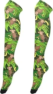 [Caihoyu] Women'S Knee High Socks Retro Style Over Knee Long Stockings Over Knee Baseball Socks for Dates Monkey Bananas Palm Leaves, Monkey Bananas Palm Leaves