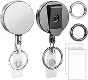 WADY 2 Pack Metal Heavy Duty Retractable Badge Holders Reel with Carabiner Key Chain Keychain and Waterproof Vertical Clear ID Card Holders, 31 inches Reinforced Wire Cord (Black+Silver)