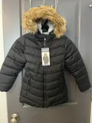 Brand New Tags Lands End Puffer Parka Faux Fur Removable Trim Black Sz 5/6 Coat