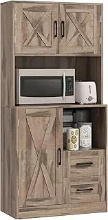 HOMCOM 60" Tall Kitchen Pantry Cabinet, Farmhouse Kitchen Storage Cabinet with Microwave Oven Countertop, Freestanding Hutch with Drawers & Barn Doors, Buffet with Adjustable Shelves, Gray