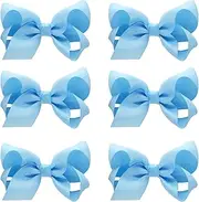6 PCS Hair Clips with 3" Grosgrain Ribbon Bows - Solid Color Hair Accessories for Toddler Girls and Kids (Light Blue)