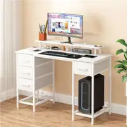 120cm Advwin RGB LED Computer Desk with Power Outlets Monitor Stand Study Table Workstation with Removable Storage Drawers White
