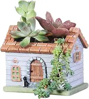 Cute Cottage House Shaped Succulent Planters, Small Resin Plant Pots with Drainage Hole for Indoor Outdoor Plants Flower Cactus, Home Office Garden Decor Gifts (Wood House)