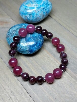 Garnet Bracelet With Strawberry Quartz, Stretch Pink Crystal Gemstones 6.75"