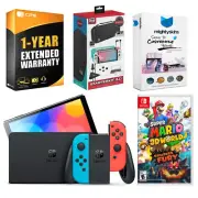 Nintendo Switch Neon Red/Blue OLED + Super Mario 3D World + Accessory Gamer Kit