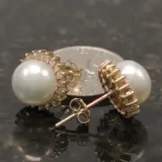 14k Yellow Gold Diamond & White Cultured Pearl Stud Earrings