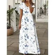 Women's Floor length Casual Dress A Line Dress Summer Dress Elegant Vacation Vintage Regular Fit Floral Graphic Bohemian Short Sleeve V Neck U Neck Light Blue