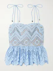 [Self-Portrait] Self-Portrait - Scalloped Ruffled Broderie Anglaise Cotton Peplum Top - Blue - UK 10 UK 10 Blue