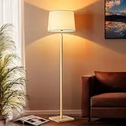 Krear 155CM Modern Floor Lamp for Living Room and Bedroom,Standing Lamp with Linen Shade, Tall Pole Lamp for Office, Farmhouse and Minimalist Design with E27 Socket, Foot Switch, and Wooden Base