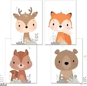 Set of 4 Children's Room Posters Animals Beige Children's Room Decorative Posters DIN A4 Pictures Boho Baby Room Decoration for Boys Girls Watercolour Forest Animals Wall Decoration Children's Room
