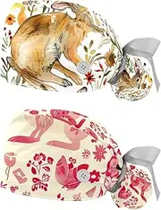 [YTYVAGT] 2-Pc,Nurse Scrub Caps,Scrub Hats with Buttons and Cotton Sweatband,Bunny Floral Rabbit