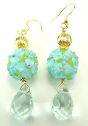 Turquoise Lampwork Earrings with Flowers Briolette Crystal Handmade Jewelry