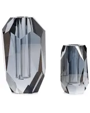 Tozai Set Of 2 Smoke Faceted Hand-Cut Crystal Glass Vases
