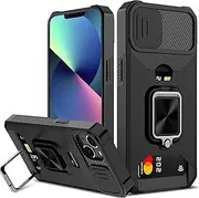 for iPhone 13 Mini Case with [Card Holder] and [Slide Camera Cover][360° Rotate Ring Kickstand] Heavy Duty Protective Phone Cover Case for iPhone 13 Mini-Black