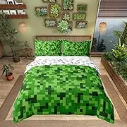 Green Pixelated Miners Gamer 100% Cotton Bedding Set Video Games Comforter Cover Set for Kids Teens Bedroom Decor Cartoon Gamepad Duvet Cover (No Comforter) Full Size 3 PCS