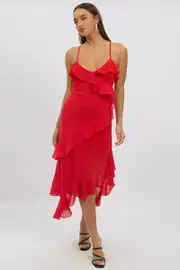 Red Midi Dress Ruffle Detail - Size 16XL, Women's Midi Dress