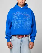 [ED HARDY] Ed Hardy Rhinestone Dragon Hoodie Blue - Size 2XL 2XL Blue