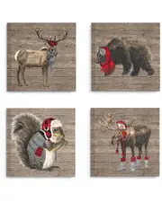 Stupell Wilderness Cold Stylish Animals in Buffalo Plaid 4pc Stretched Canvas Art Set