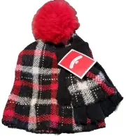 NWT Holiday Time Adult Black Red White Plaid Rhinestone Hat & Glove Set Pom Pom