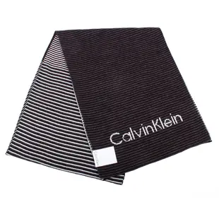 Calvin Klein CK 細橫紋拼色亮眼LOGO針織圍巾-深紅灰