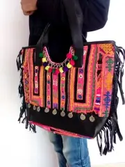 FABULOUS COLORFUL MEDALLION TRIBAL GYPSY BLACK BOHEMIAN DELUXE BANJARA BAG