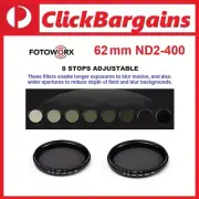 Fotoworx 62mm ND2-400 Variable Fader Camera Lens Filter / 62 mm ND 2 4 8 16 400