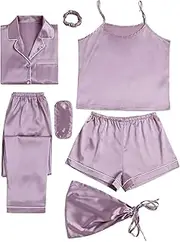 [LYANER] Women's Pajamas Set 7pcs Silk Satin Sleepwear Loungewear Cami Shirt Pj Set