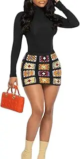 [ksotutm] 2 Piece Skirt Sets for Women Bodycon Long Sleeve Turtle Necks Tops and Knit Color Block Mini Skirt Matching Set
