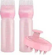 Mumoo Bear Root Comb Applicator Bottle with Scalp Massager Shampoo Brush Hair Coloring Dye and Scalp Treatment Head Relaxation Tools, Pink(3 Pcs)