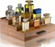 Walnut Wood 3-Tier Cologne Organizer Stand with Drawer & Hidden Compartment