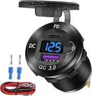 12V USB C Aluminum Car Charger Socket, 12 Volt USB Outlet, PD 20W and Quick Charge 3.0 18W Car USB Port Waterproof with Voltmeter & Power Switch, Suitable for Marine Truck Motorcycle Boat Golf cart RV