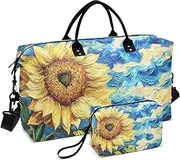 [ZRYSMY] Sunflower Art Blue Duffel Bag for Traveling, Travel Bag Gym Bag, with Multiple Interior Pockets Shoulder Weekender Bag for Women Men with Toiletry Bag 20.5L x 1.9W x 13.8H, Multi-Colored, one