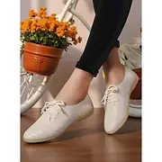 Women's White Faux Leather Lace-Up Flats – Casual Oxford-Style Comfortable Shoes for Office and Outdoor Walks and Everyday Wear