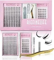 Spiky Cluster Lashes, Wispy 8-18mm DIY Eyelash Extensions Kit, C and D Curl Pro Cluster & Individual Lashes with Bond, Remover, Applicator, Tweezers,Eyelashes Clusters Kit for Home and party (Black-Mangga)