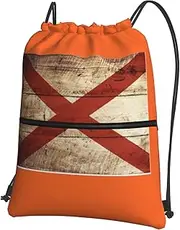 EdWal Alabama State Flag On Old Wood Grain Postcard Print Drawstring Backpack Gym Bags Sports Bags With Zipper Pocket For Travel Beach, Black, One Size