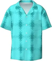 [HVTTIOR] Teal Blue Print Short Sleeve Shirt Cuban Collar Beach Casual Style Summer Vacation Relaxed Fit
