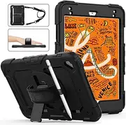 Herize iPad Mini 5 Case 2019, iPad Mini 4 Case With Screen Protector&Pencil Holder, iPad Mini 4th/5th Generation Case for Kids, Durable Shockproof Case Cover With Stand/Hand Strap/Shoulder Strap,Black